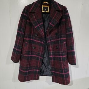 Sam Edelman Plaid Double-Breasted A-Line Coat in the "Curly Pink Plaid" colorway